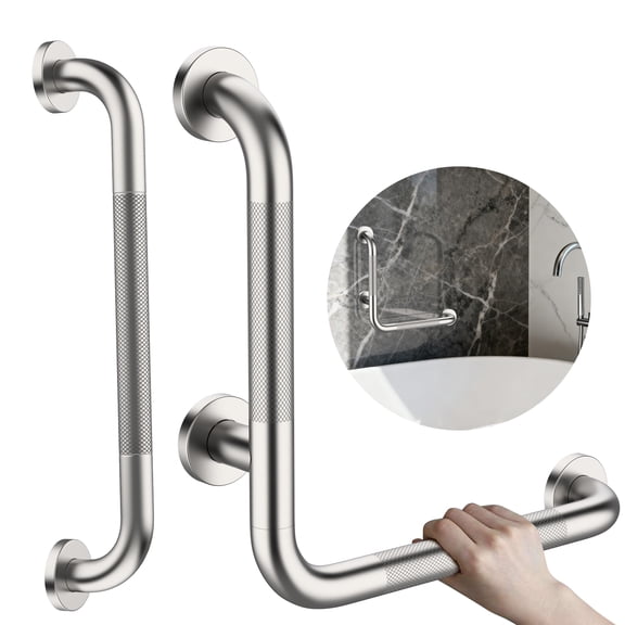 L-Shaped Angled Shower Grab Bar w/ Straight Bathroom Safety Handrail 16 Inch, ZUEXT Brushed Nickel Knurled Handicap Grab Bar Wall Mounted, Anti Slip Toilet Bathtub Balance Support Bar for Elderly