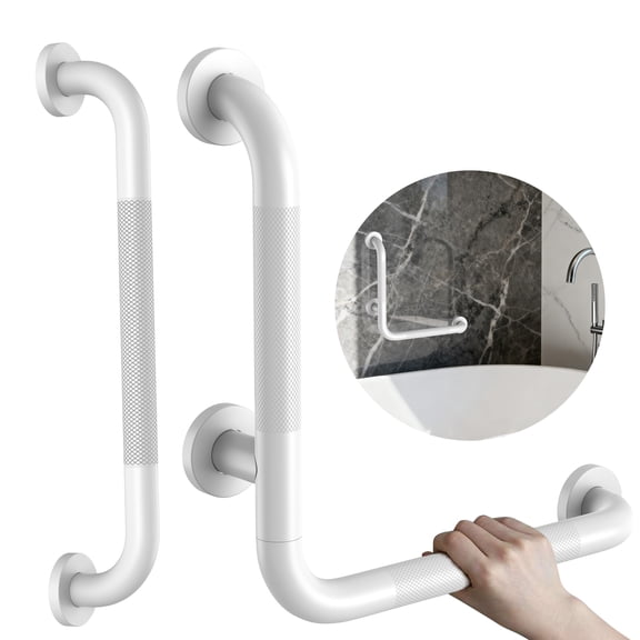 Angled Grab Bar 16x16 Inch White, Knurled L-Shaped Shower Grab Bar w/16 Inch Straight Bathtub Toilet Safety Handrail Wall Mounted, Anti Slip Balance Support Bar for Seniors Elderly Injury Handicap
