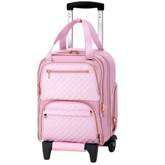 16-Inch Anti-Theft Underseat Luggage - Lightweight Nylon Carry-On - 4 Spinner Wheels - Retractable Handle - Pink - Great Travel Gift