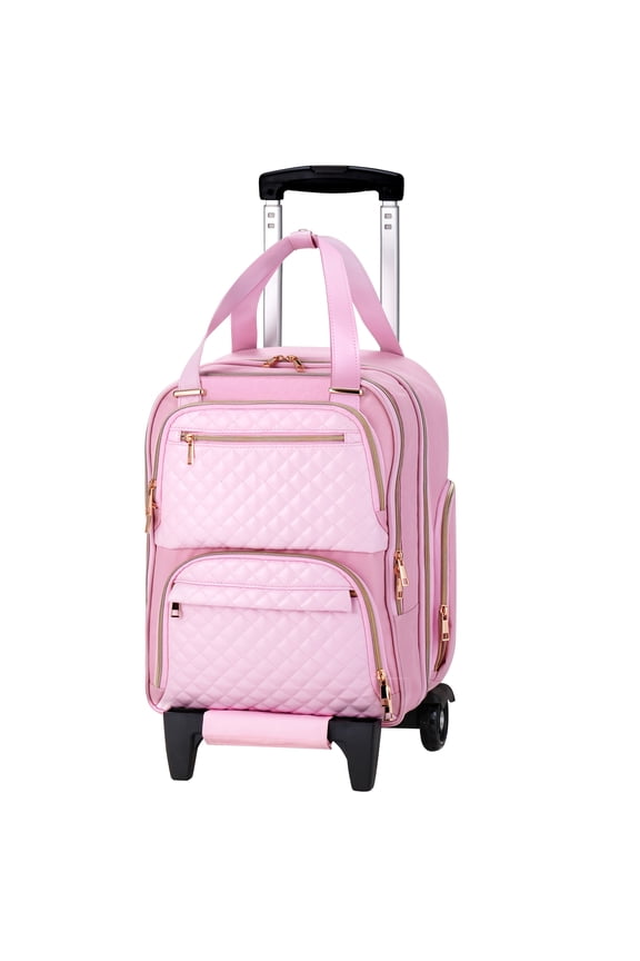16-Inch Anti-Theft Underseat Luggage - Lightweight Nylon Carry-On - 4 Spinner Wheels - Retractable Handle - Pink - Great Travel Gift
