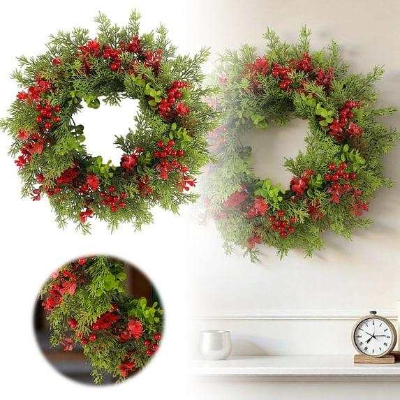 16 Inch Artificial Christmas Wreath for Front Door with Red Berries and Pine Needles Xmas Wreath Wall Fireplace Holiday Home Decorations and Party Decor
