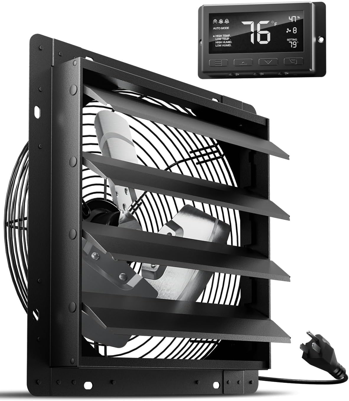 16 Inch Attic Fan with Thermostat, 1681 CFM Shutter Exhaust Fan with ...