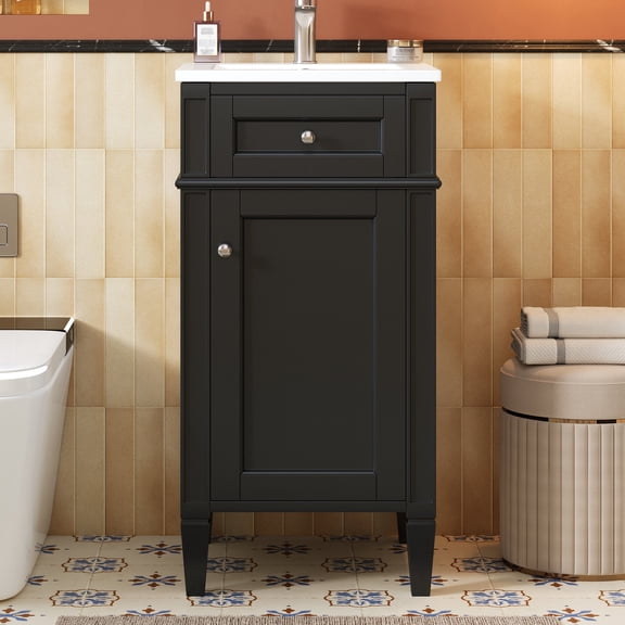 16 Inch Bathroom Vanity with Ceramic Sink, Freestanding Single Vanity Set with Soft Closing Door, Adjustable Shelf, French Style, Solid Feet, Black for Small Bathroom