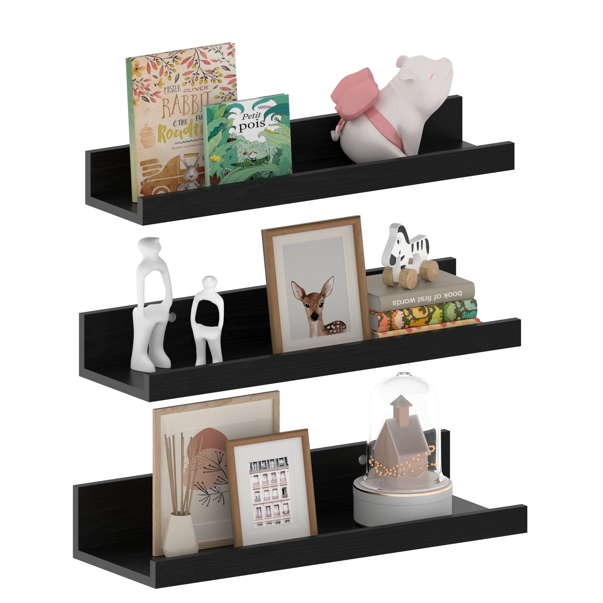 16 Inch Black MDF Floating Wall Shelves Set of 3