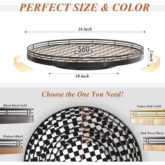 16-Inch Black and White Checkerboard Lazy Susan Tray | Smooth Rotating Oak with Walnut Finish for Dining Table and Kitchen Storage