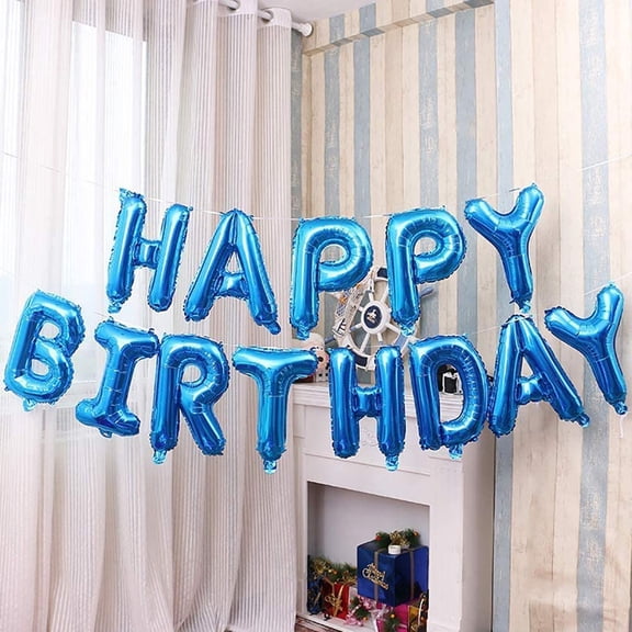 16 Inch Blue Happy Birthday Letter Foil Balloons Set Birthday Party Decorations with Inflation Straw and Hanging Ribbon