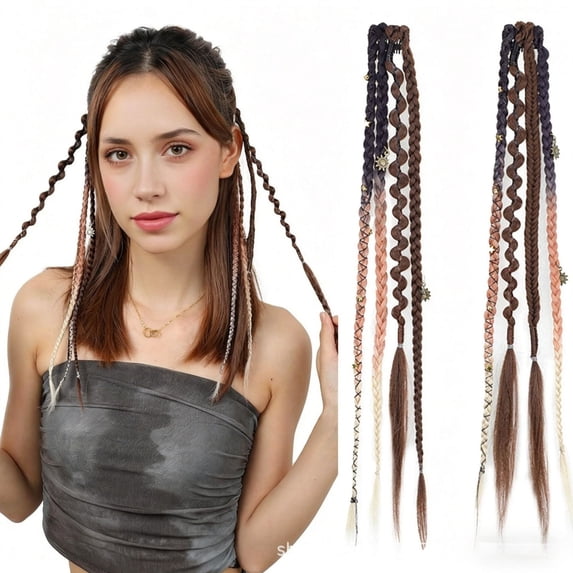 16 Inch Boho Braided Hair Clip Extensions, 2 Pack Synthetic Woven Hair Pieces