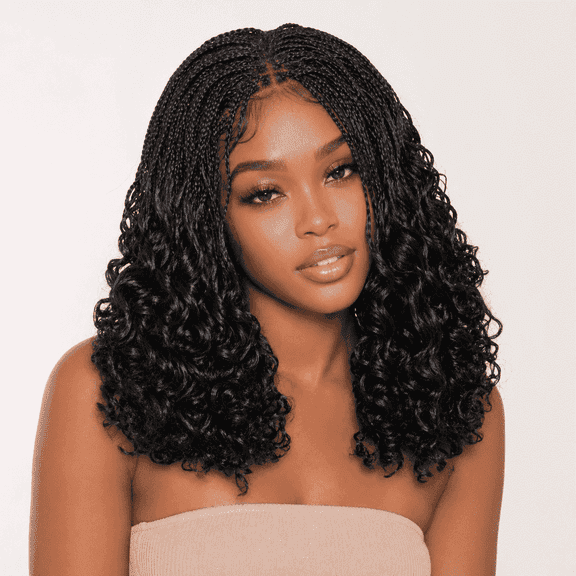 More Beautiful 16 inch Synthetic Full Lace Box Braided Wig, Black Boho Style for Women
