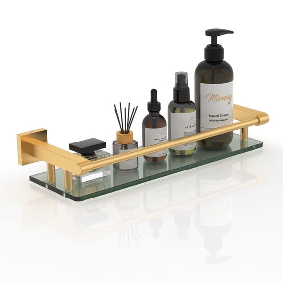 16 Inch Brusheld Gold Bathroom Glass Shelves with Stainless Steel Railing, Tempered Floating Glass Modern Decoration Bathroom Shelf Sink Over Toilet