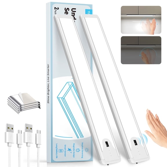 YULINKCO 16 Inch Under Cabinet Light, Hand Wave Sensor LED Cabinet Lighting, Rechargeable Wireless Closet Light, Stepless Dimming Under Counter Light for Kitchen, 2 Pack