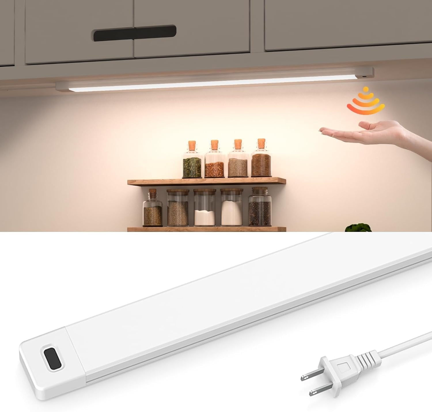 16 Inch Under Cabinet Lights with Hand Wave, Counter Lighting 4000K Natural White,Dimmable,Plug and Play,LED for Kitchen Cabinet, Cupboard, Closet, Desk