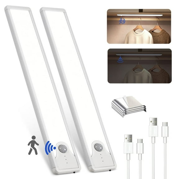 16 Inch Under Cabinet Lights, 83 LED Rechargeable Magnetic Motion Sensor Light Indoor, Brightness Dimmable 6000K Stepless Dimming Closet Light, For Under Counter, Kitchen, Stairs, Closet, 2 Pack