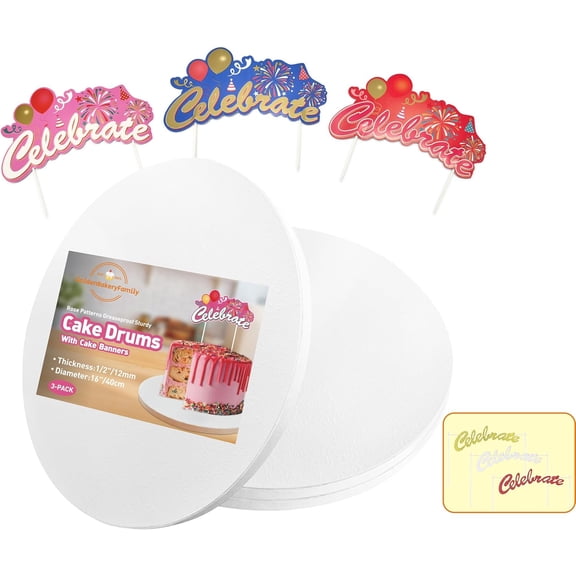 16 Inch Cake Drums with Banner Cake Topper-White(3-Pack) Cake Board Round 1/2 Inch Thick Cake Boards Sturdy, Greaseproof for Birthday Wedding Multi-Tiered Party Cake Boards by