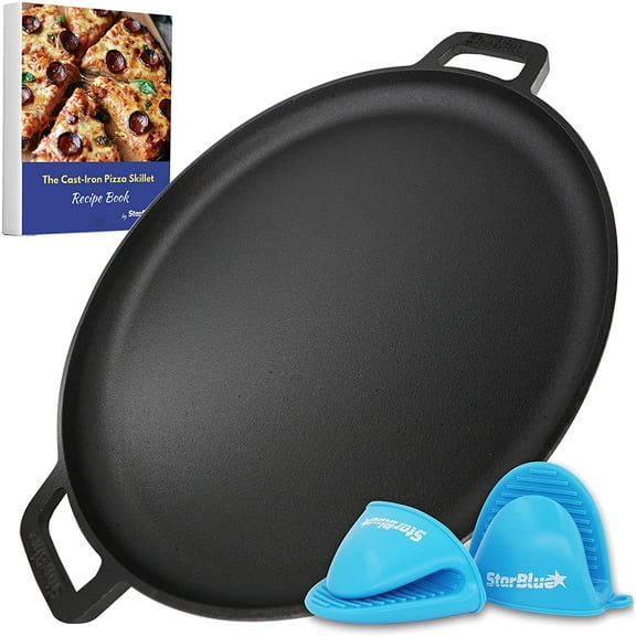 16 Inch Cast Iron Pizza Pan Round Griddle by StarBlue with FREE Silicone Handles and 30 Recipes Ebook