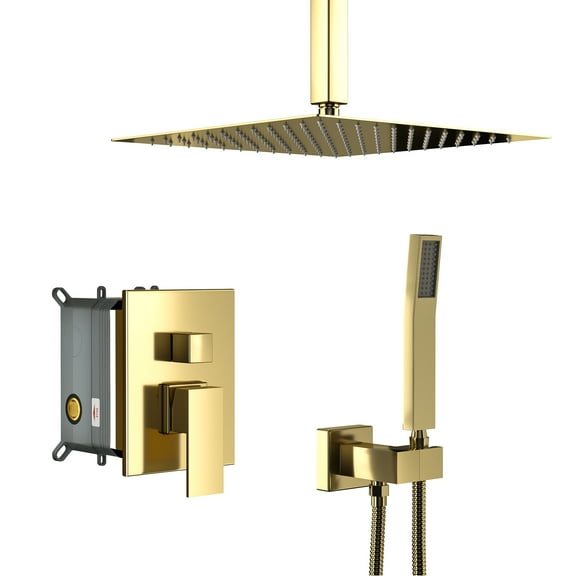 16 - Inch Ceiling - Mounted Square Shower System with Rough - in Valve, Dual Shower Heads, Gold.