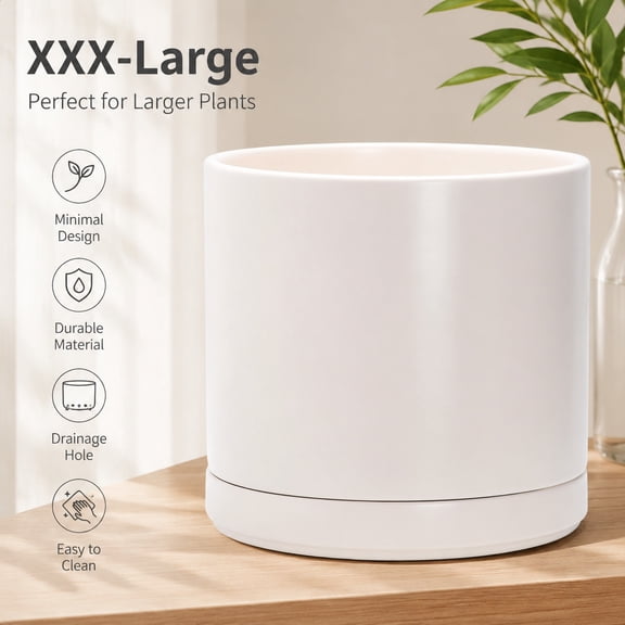 16 Inch Ceramic Indoor Planter Pot with Drainage Hole and Saucer, Round Cylinder Plant Pot, Oatmeal Color