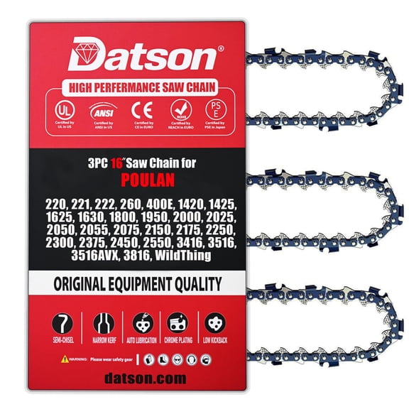 16 Inch Chainsaw Chain 3/8" LP Pitch .050" Gauge 56 Drive Links Fits POULAN 210, 2150, 2155, 2160, 2175, 220, 2200, 221, 222, 225, 2250, 2300, 235, 2350, 236, 2375, 240, 2400, (3 Chains)