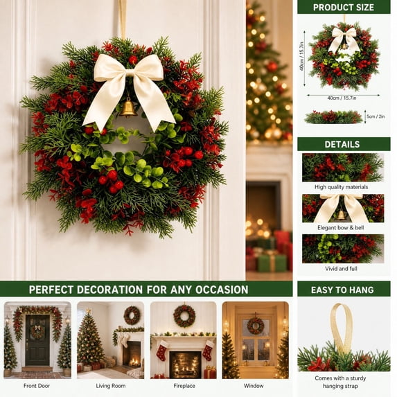 16 Inch Christmas Wreath for Front Door, Artificial Pine Wreath with Large White Bow and Red Berries, Classic Holiday Door Wall Window and Porch Decoration