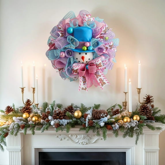 16 Inch Christmas Wreath with Candy & Bow Ornaments, Xmas Wreath for Front Door, Wall, Window & Holiday Decor