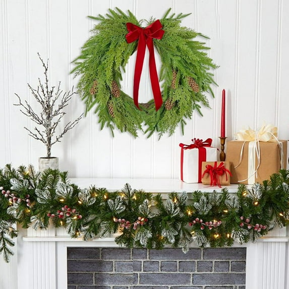 16-Inch Christmas Wreath with Red Bow, Realistic Cedar Greenery, Farmhouse Indoor & Outdoor Front Door Wall Holiday Decoration