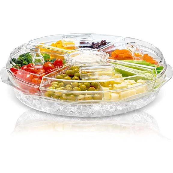 16 inch transparent oversized acrylic appetizer tray, 8-grid vegetable tray with lid, cocktail plate, large ice cold meal platter for lunch, dinner, picnic parties