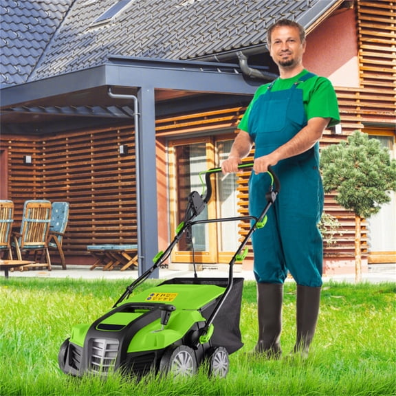 16-Inch Corded Electric Lawn Dethatcher 2-in-1 Scarifier with 14.5Gal Grass Bag Wear-Resistant Wheels Green