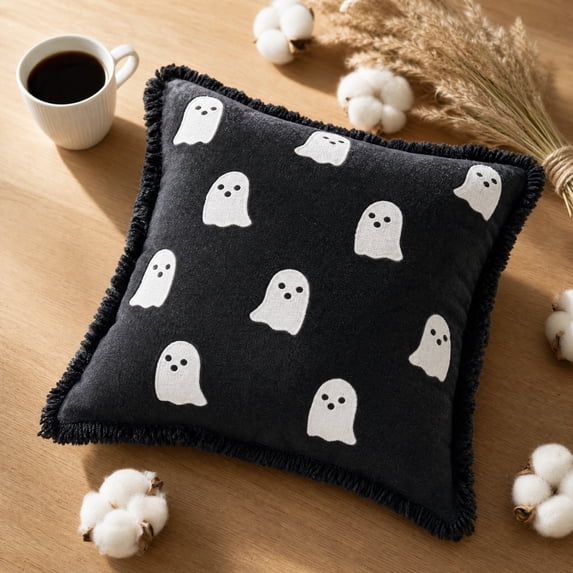16 Inch Cotton Ghost Throw Pillow 2 Designs White Ribbed / Black Fuzzy Edge Embroidery Spooky Halloween Fall Sofa Bedroom Farmhouse Decor Cushion