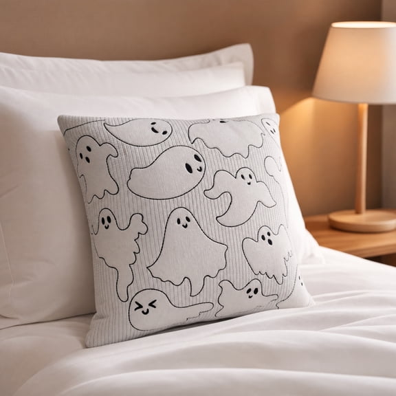 16 Inch Cotton Ghost Throw Pillow 2 Designs White Ribbed Edge Embroidery Spooky Halloween Fall Sofa Bedroom Farmhouse Decor Cushion