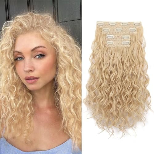 16 Inch Curly Clip in Hair Extensions 4 count Hair Extensions Clip ins Light Blonde with Beige Hair Extensions for Women(4Pcs,16Inch,60/22#)