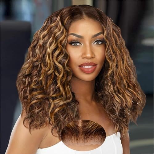 16 Inch Curly Human Hair Wigs Glueless 9x6 Highlight Wig Human Hair Deep Wave Ombre #4/27 Colored Glueless Wig Wear and Go 220% Density Short Wigs for Black Women