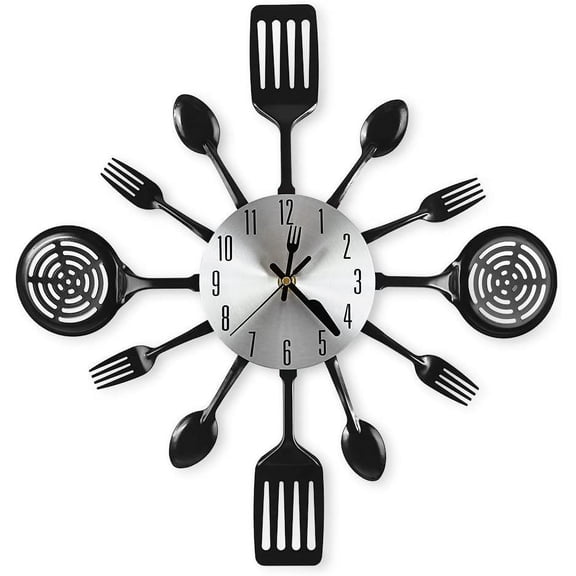 16 Inch Cutlery Kitchen Wall Clock - Silent Non-Ticking, Battery Operated, Fork & Spoon Design for Home, Dining Room Decor, for Mom, Wife, Cooking Lovers
