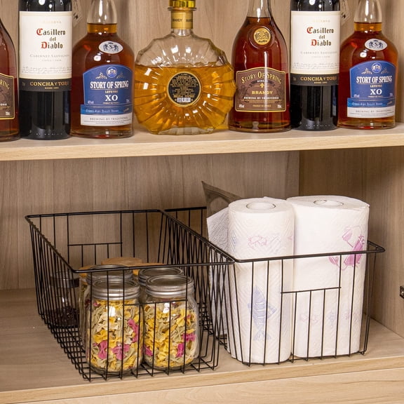 16 Inch Deep Metal Wire Freezer Storage Bins with Lids and Handles - Stackable Organizer Basket for Kitchen Pantry Cabinet Black Set of 6