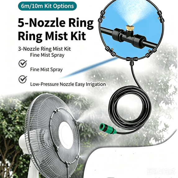 16 Inch Diameter Outdoor Cooling Mist Fan, Fan Misting Kit, Outdoor Fan for Patio, Patio Misters for Cooling Outdoor, Complete 5 Copper Nozzle Set with Hose, Fittings, Seal Tape