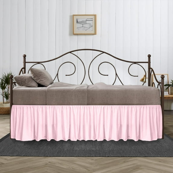 16 Inch Drop Full Size Pink Solid Day Bed Skirt Lightweight Ruffled Pattern Split Corner Premium Hotal Quality With Flexible Elastic & Fade Resistent