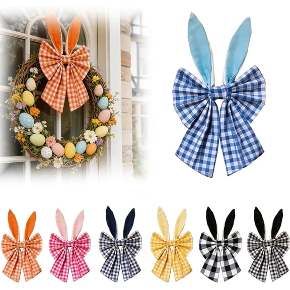 16 Inch Easter Bunny Ears Wreath Bow, Large Rustic Buffalo Plaid Bunny Bow for Wreaths Front Door, Spring Holiday Decorative Bow for Tree Topper Wall Party Indoor Outdoor
