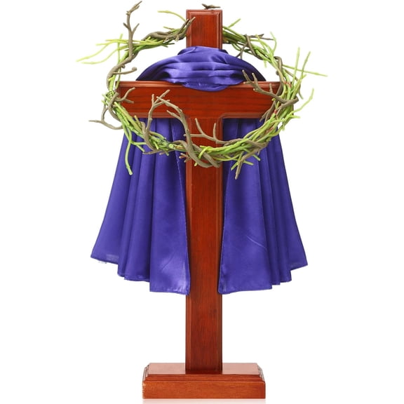 16 Inch Easter Standing Cross Decor Wood Cross with Base Purple Scarf Thorn Crown Decorative Baptism Centerpieces for Tables Church Decor Religious Jesus Christ Gift