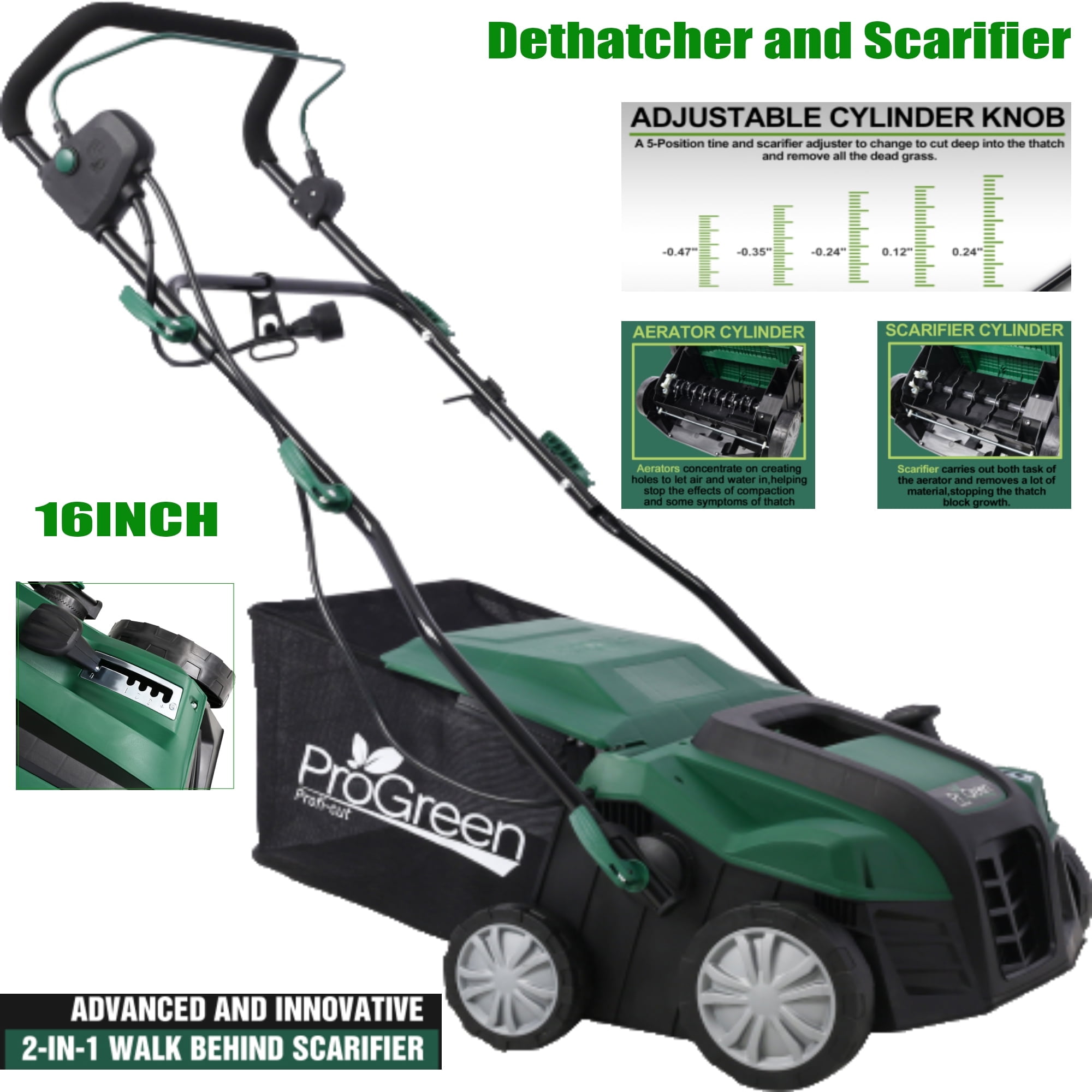 Elleree 16 in 2-IN-1 Electric Lawn Dethatcher and Scarifier with Extra Large Collection Bag, 15 Amp Push Walk-Behind Scarifier & Dethatcher Gardening Equipment