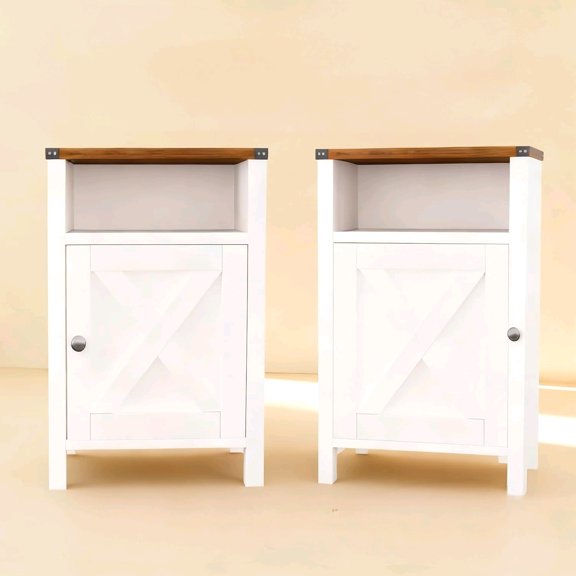 16 Inch Farmhouse Nightstand with Barn Door Set of 2, Bedside Table with Storage, Side End Table, Night Stand, Open Compartment, for Bedroom, Natural Oak,Rustic White$$Home Decor, Kitchen, & Other