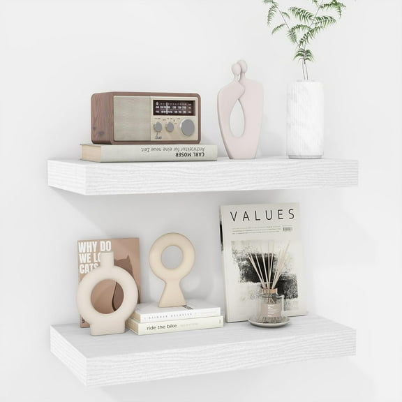 16 Inch Floating Shelves - Deep Rustic White Wooden Wall Shelves - Extra Deeper & Thicker Wall Mounted Storage Shelf for Bedroom, Kitchen, Farmhouse - 2 Pack, Rustic White