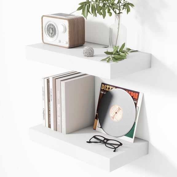 16 Inch Floating Shelves for Wall White Shelves Set of 2,Wall Mounted Rustic Wood 8 Inch Deep Floating Shelf with Invisible Brackets for Bedroom Kitchen Living Room