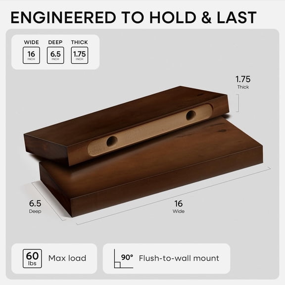 16 Inch Floating Wall Shelves, American Walnut - Satin Dark Tone, Pack of 2