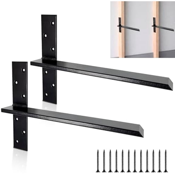16 Inch Free Hanging T Shelf Bracket Holds 350lbs, 1/2'' Thick x 2.5'' W Floating Bench Bracket Heavy Duty, Hidden Countertop Support Brackets for Bathroom Granite Kitchen Bar Desk Garage, 2 Pack