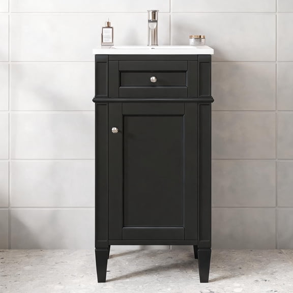 16-Inch Freestanding Single Bathroom Vanity Set, French Style with Integrated Ceramic Sink, Deep Black
