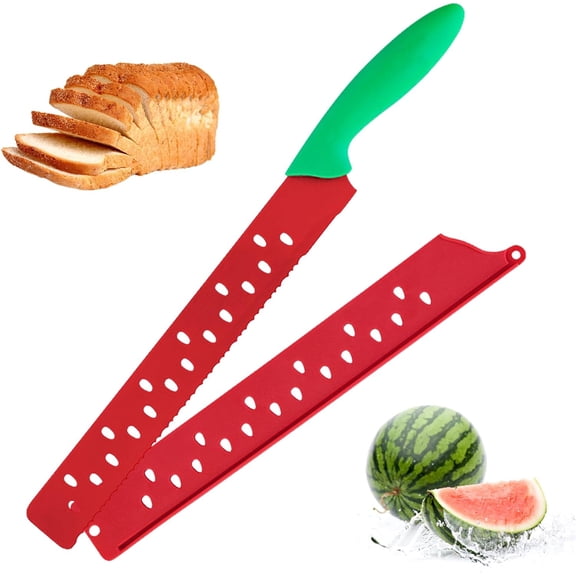 16 Inch Fruit Vegetable Knives, Watermelon Cutter Red Green Butter Slicer with Sleeve, Stainless Steel Serrated Melon Cutter Kitchen Gadgets for Slicing Bread Fruits, Red