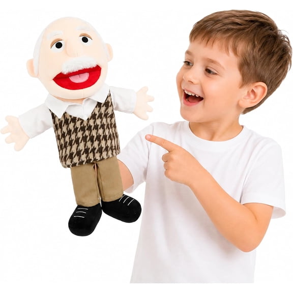 16 Inch Grandfather Soft Plush Hand Puppet With Adjustable Open Mouth, Multi-Generational Role Play Doll, Bedtime Story Prop & All Occasion Childrens Gift