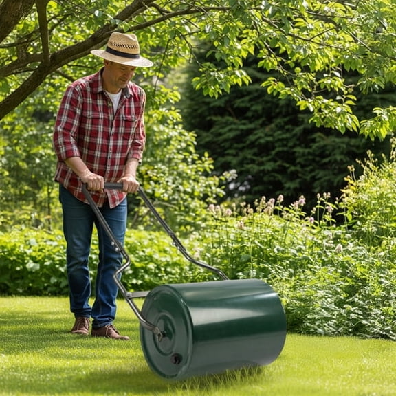 16 Inch Green & Black Lawn Roller, Heavy Duty Fillable Roller with U-Handle for Soil Compaction