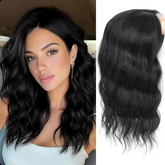 16 Inch Hair Topper for Women with Thinning Hair, Synthetic Curly Wavy Clip-In Topper with Curtain Bangs Natural Looking Crown Coverage Lightweight Hair Piece for Volume(Black)
