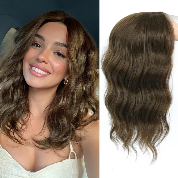 16 Inch Hair Topper for Women with Thinning Hair, Synthetic Curly Wavy Clip-In Topper with Curtain Bangs Natural Looking Crown Coverage Lightweight Hair Piece for Volume(Chestnu Brown)