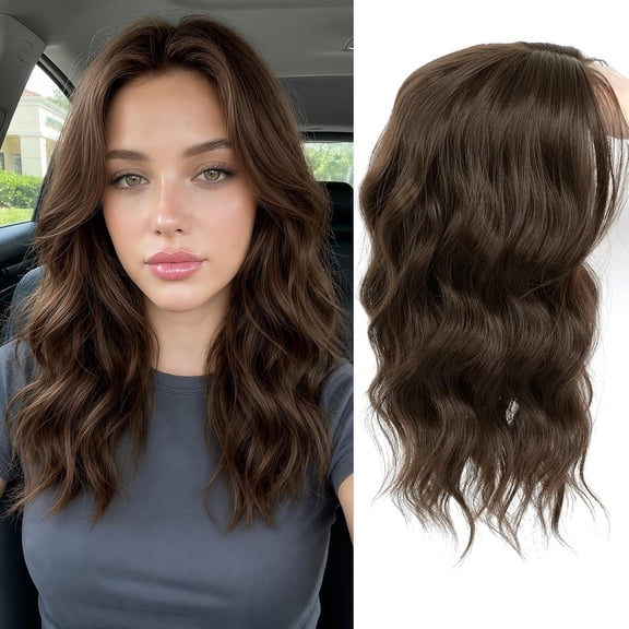 16 Inch Hair Topper for Women with Thinning Hair, Synthetic Curly Wavy Clip-In Topper with Curtain Bangs Natural Looking Crown Coverage Lightweight Hair Piece for Volume(Dark Chestnu Brown)