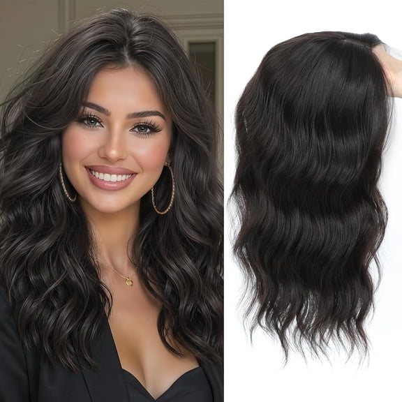 16 Inch Hair Topper for Women with Thinning Hair, Synthetic Curly Wavy Clip-In Topper with Curtain Bangs Natural Looking Crown Coverage Lightweight Hair Piece for Volume(Dark Brown)